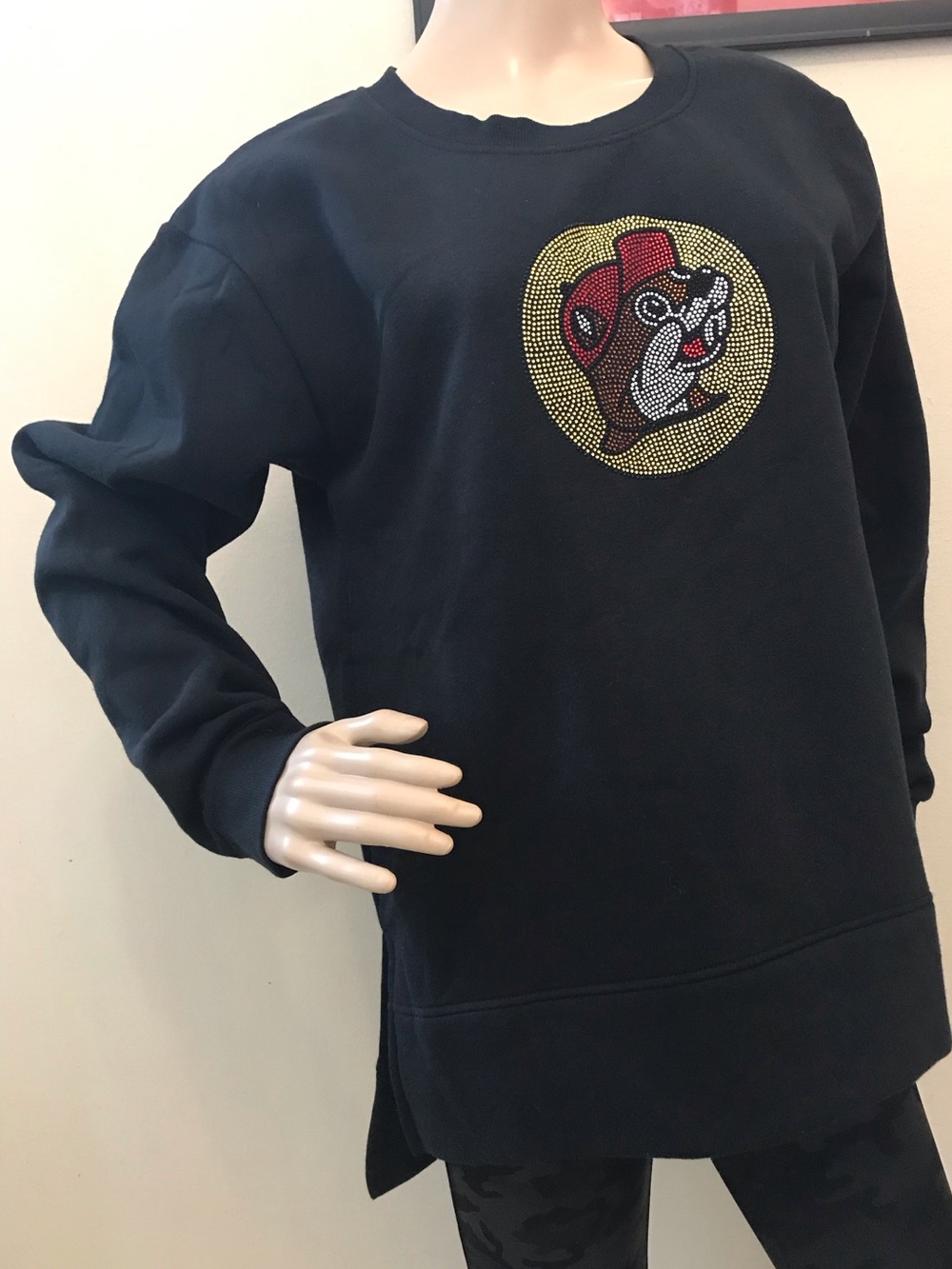 Black Crewneck Sweater with Beaded Mascot Emblem